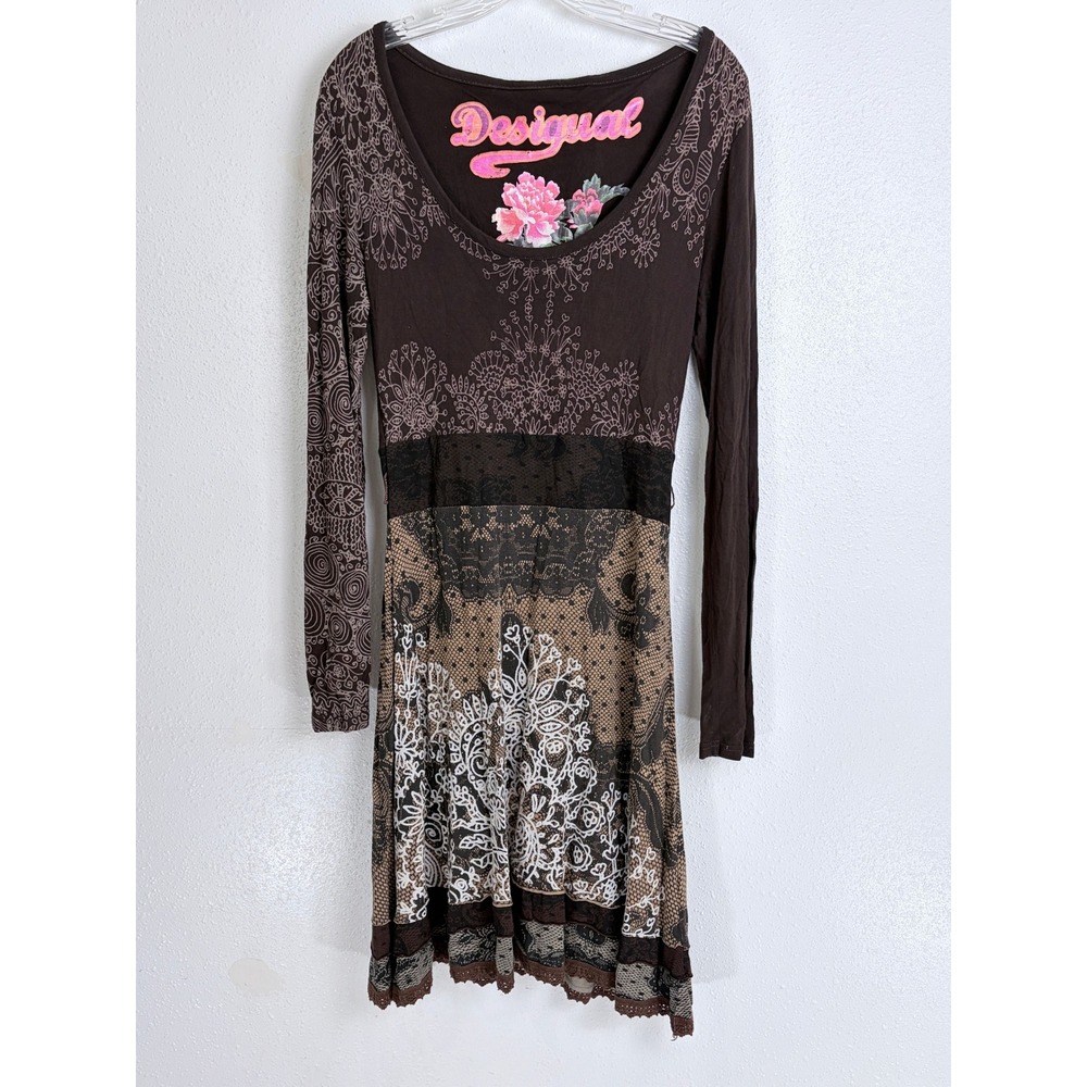 Desigual Brown Mixed Print Lace Trim Long Sleeve Dress Large
